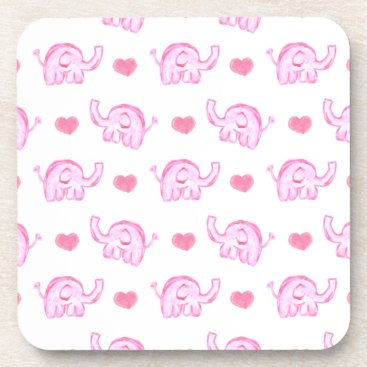 watercolor pink elephants and hearts drink coaster