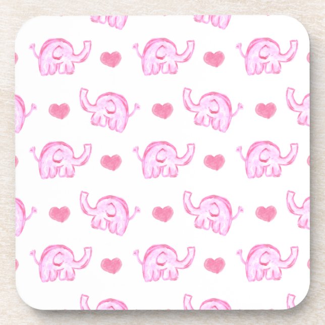 watercolor pink elephants and hearts drink coaster (Front)