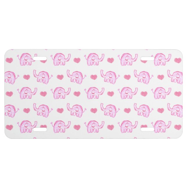 watercolor pink elephants and hearts license plate (Front)