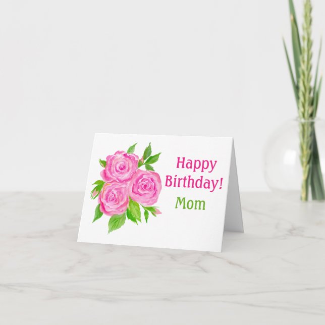 Watercolor Pink English Rose Happy Birthday Card (Front)