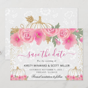 Watercolor Pink Fall Flowers and Pumpkins Wedding Save The Date