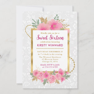 Watercolor Pink Fall Flowers Sweet Sixteen Invitation