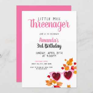 Watercolor Pink Fall Sunglasses 3rd Birthday Invitation