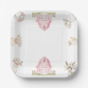 Watercolor Pink Farm Animals Baby Shower Plates