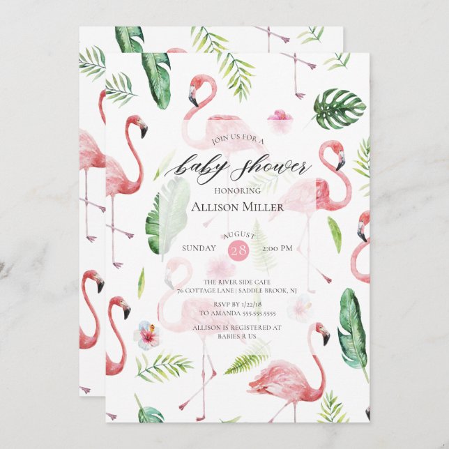 Watercolor Pink Flamingo Baby Shower Invitation (Front/Back)