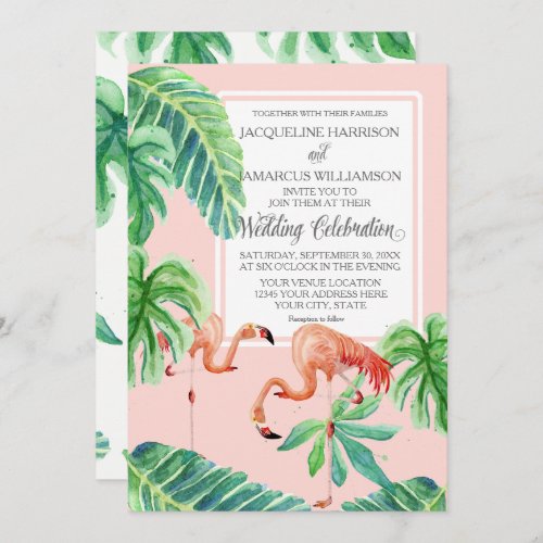 Watercolor Pink Flamingo Beach Banana Leaves Invitation