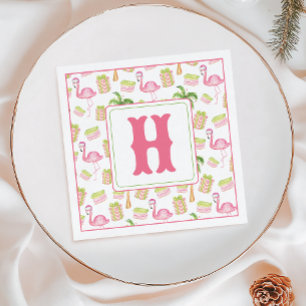 Watercolor Pink Flamingo Beach Christmas Monogram Napkins