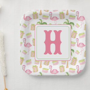 Watercolor Pink Flamingo Beach Christmas Monogram Paper Plates