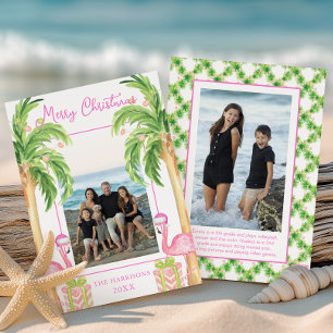 Watercolor Pink Flamingo Beach Christmas Photo Holiday Card