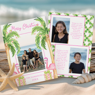 Watercolor Pink Flamingo Beach Christmas Photo Holiday Card