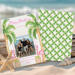 Watercolor Pink Flamingo Beach Christmas Photo Holiday Card