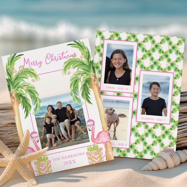 Watercolor Pink Flamingo Beach Christmas Photo Holiday Card (Creator Uploaded)