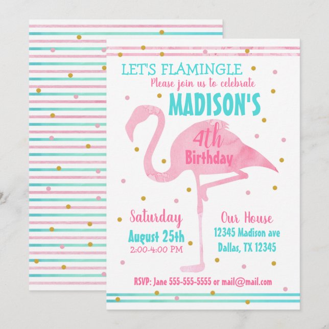 Watercolor Pink Flamingo Birthday Invitation (Front/Back)