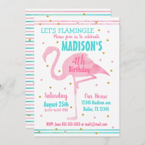 Watercolor Pink Flamingo Birthday Invitation