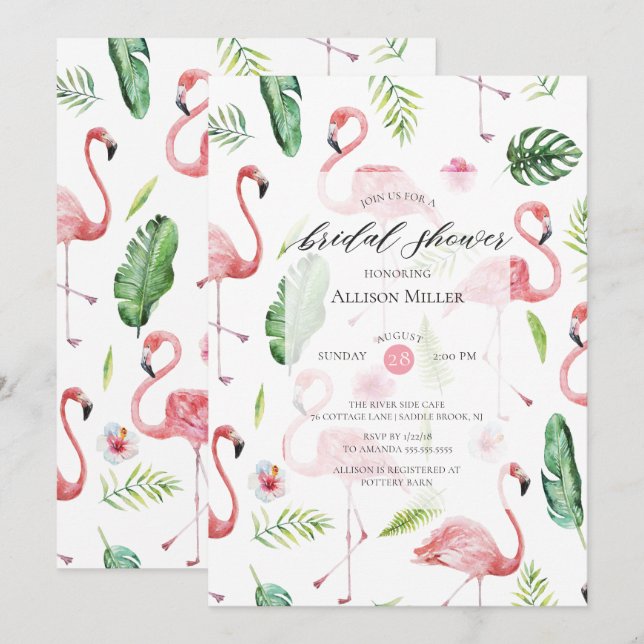 Watercolor Pink Flamingo Bridal Shower Invitation (Front/Back)