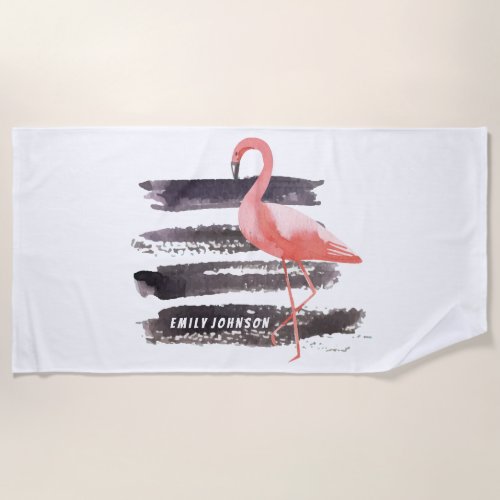 Watercolor Pink Flamingo Brush Strokes Line Custom Beach Towel