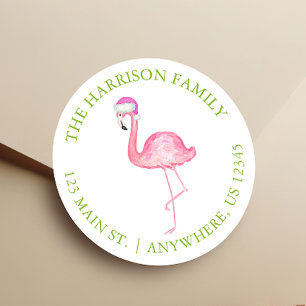 Watercolor Pink Flamingo Christmas Gift Address Classic Round Sticker