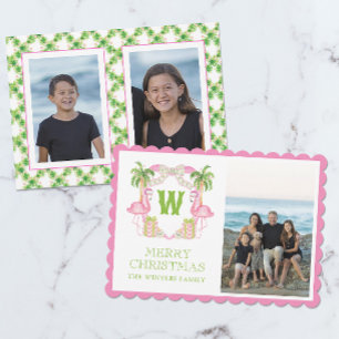 Watercolor Pink Flamingo Christmas Monogram Crest Holiday Card
