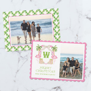Watercolor Pink Flamingo Christmas Monogram Crest Holiday Card