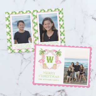 Watercolor Pink Flamingo Christmas Monogram Crest Holiday Card