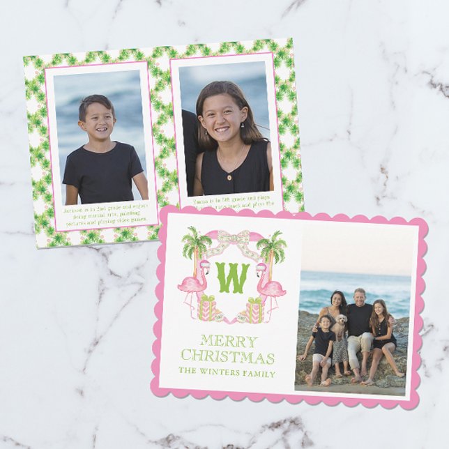 Watercolor Pink Flamingo Christmas Monogram Crest Holiday Card (Creator Uploaded)