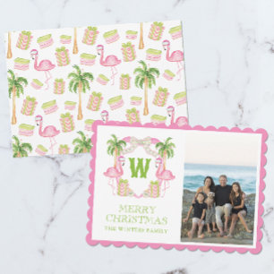 Watercolor Pink Flamingo Christmas Monogram Crest Holiday Card