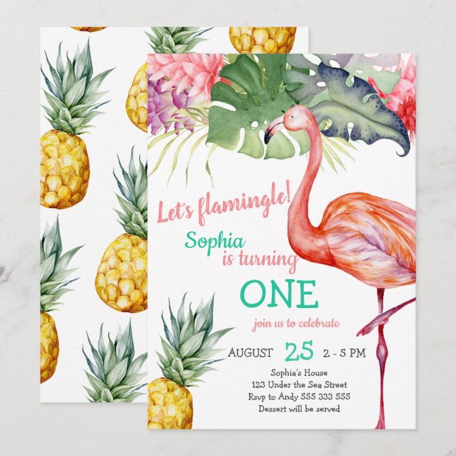 Watercolor Pink Flamingo Girl First Birthday Invitation (Front/Back)