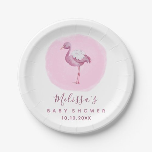 Watercolor Pink Flamingo Girls Baby Shower Cute Paper Plates