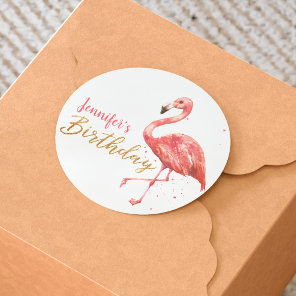 Watercolor Pink Flamingo Gold Birthday | Classic Round Sticker