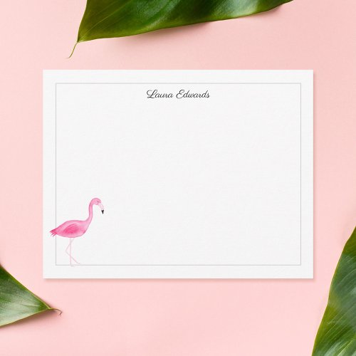 Watercolor Pink Flamingo Gray Border Personalized Note Card