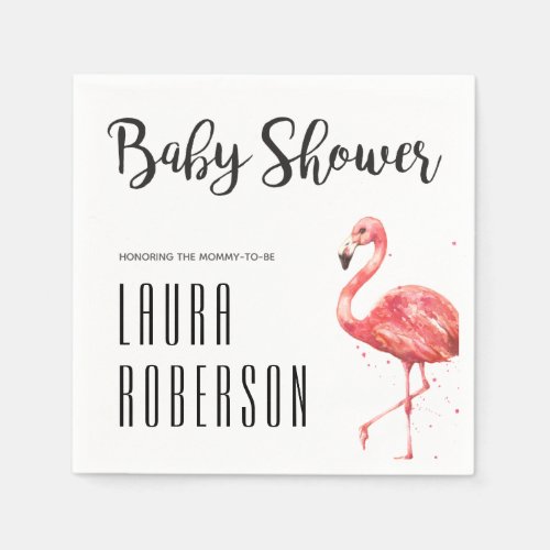 Watercolor Pink Flamingo Hand Lettered Baby Shower Napkins