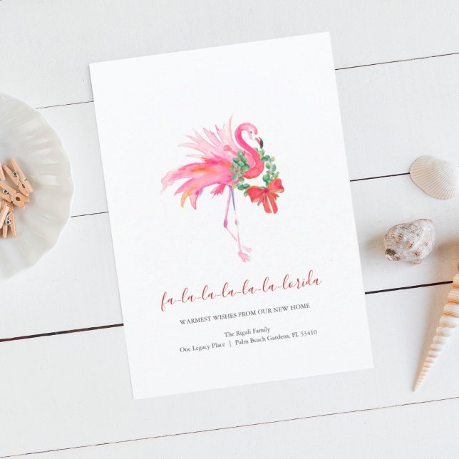 Watercolor Pink Flamingo Holiday New Address (Tropical holiday greeting cards pink flamingo art by Victoria Grigaliunas of Do Tell A Belle)