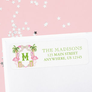 Watercolor Pink Flamingo Monogram Crest Address Label