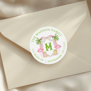 Watercolor Pink Flamingo Monogram Crest Christmas Classic Round Sticker