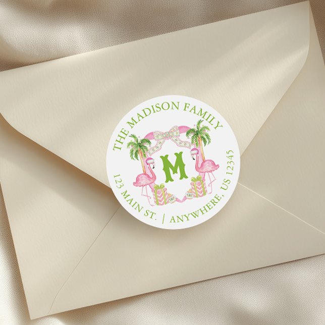 Watercolor Pink Flamingo Monogram Crest Christmas Classic Round Sticker (Creator Uploaded)