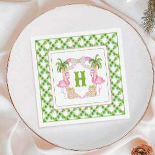 Watercolor Pink Flamingo Monogram Crest Christmas Napkins