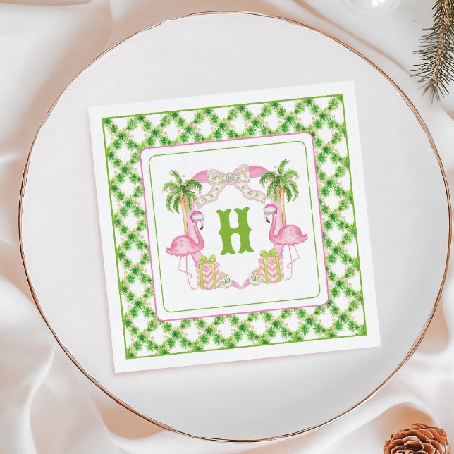 Watercolor Pink Flamingo Monogram Crest Christmas Napkins (Creator Uploaded)