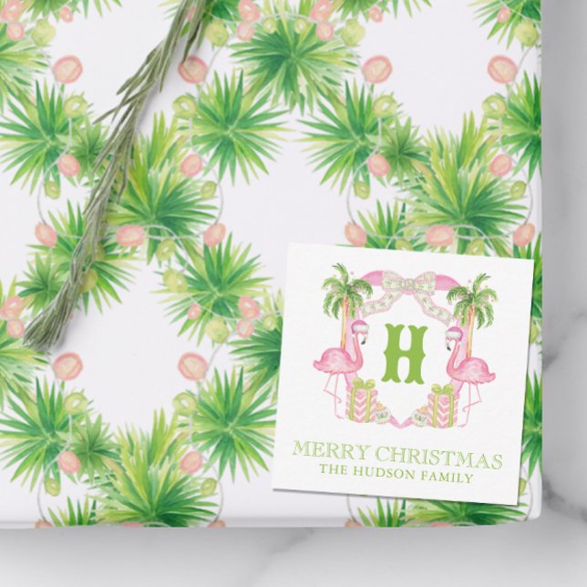 Watercolor Pink Flamingo Monogram Crest Christmas Note Card (Creator Uploaded)
