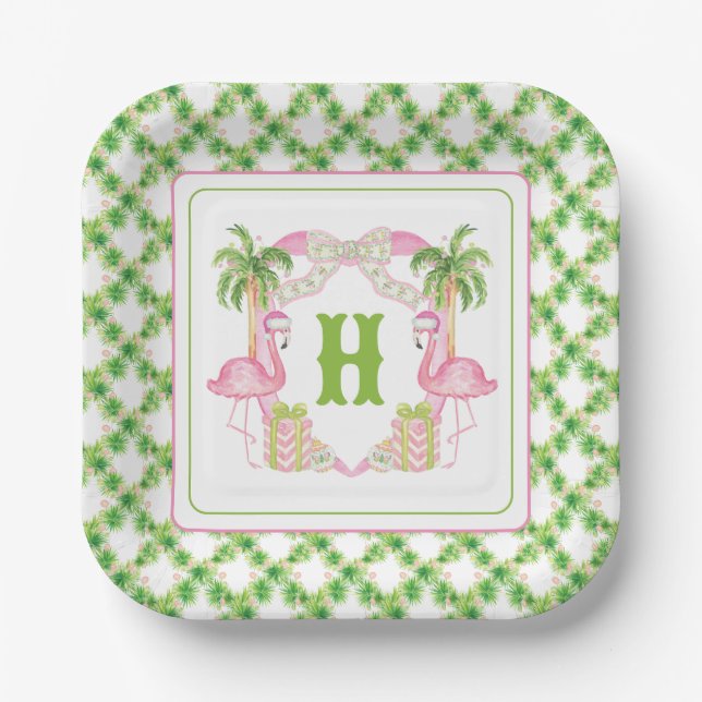 Watercolor Pink Flamingo Monogram Crest Christmas Paper Plates (Front)