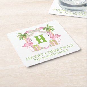 Watercolor Pink Flamingo Monogram Crest Christmas Square Paper Coaster