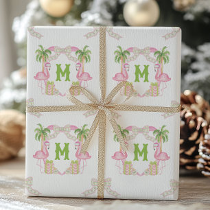 Watercolor Pink Flamingo Monogram Crest Wrapping Paper
