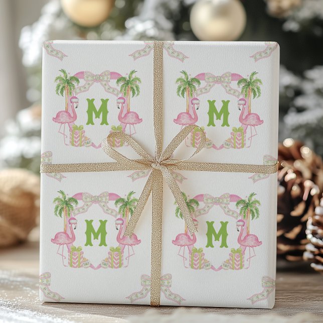 Watercolor Pink Flamingo Monogram Crest Wrapping Paper (Creator Uploaded)
