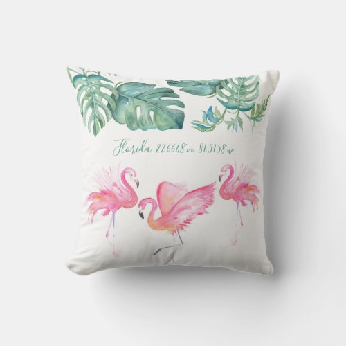 Watercolor Pink Flamingo Monstera Leaves Tropical Outdoor Pillow