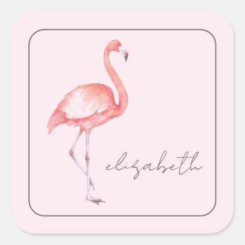 Watercolor Pink Flamingo Personalized Square Sticker