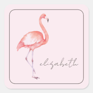 Watercolor Pink Flamingo Personalized Square Sticker