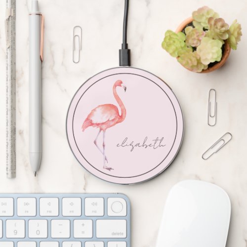 Watercolor Pink Flamingo Personalized Wireless Charger