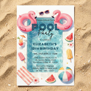 Watercolor Pink Flamingo Pool Teen Girls Birthday Invitation