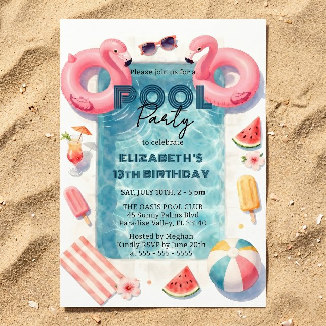 Watercolor Pink Flamingo Teen Summer Pool Party Invitation (Creator Uploaded)