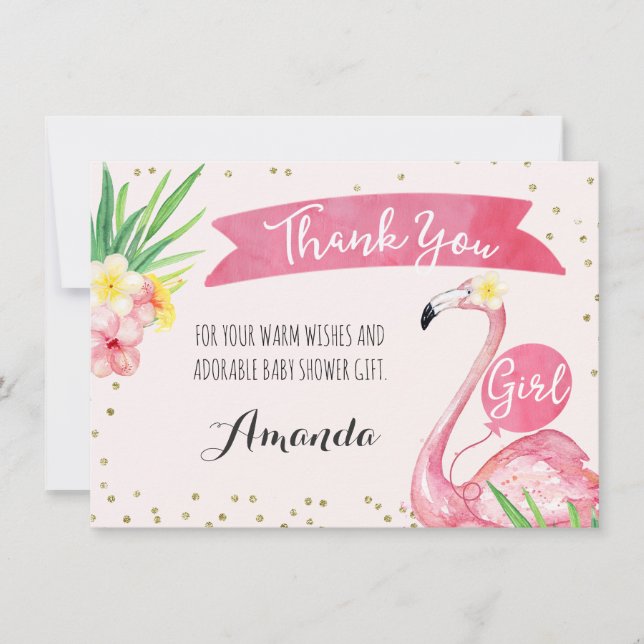 Watercolor Pink Flamingo Thank You Card (Front)
