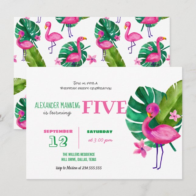 Watercolor Pink Flamingo Tropical Birthday Invitation (Front/Back)